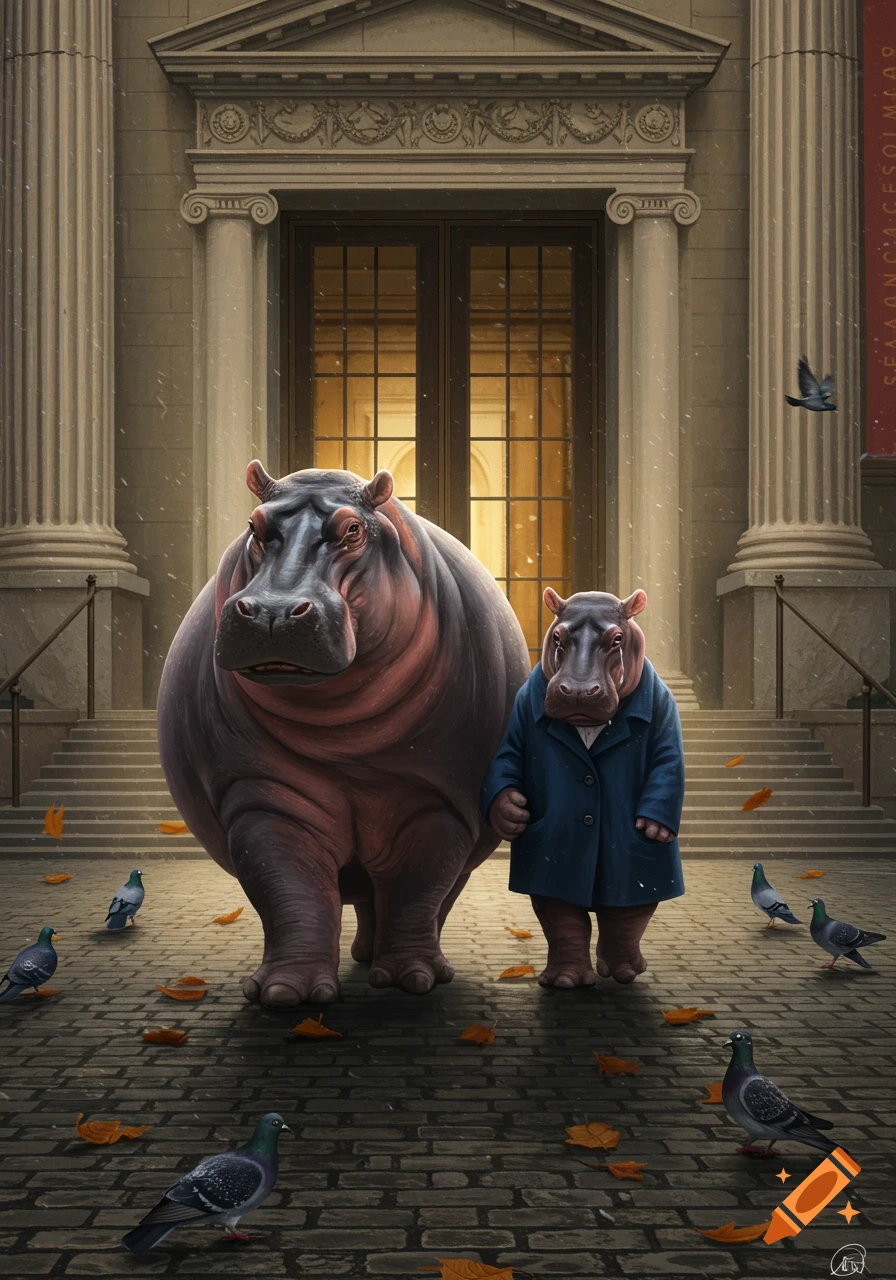 A large hippo and a smaller hippo in a blue coat walk out of a grand museum building on a snowy day, surrounded by pigeons and fallen leaves.