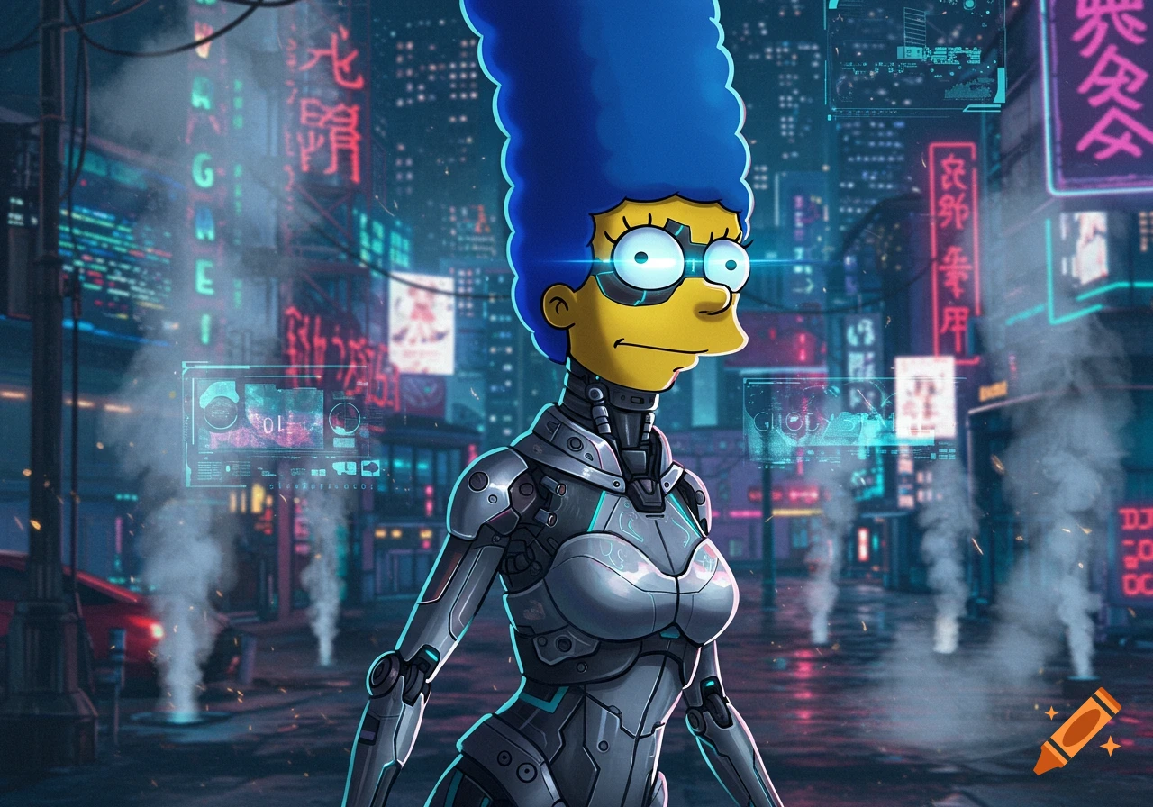 Marge Simpson as a cyborg in a dark, neon-lit cyberpunk city, with glowing blue eyes and a highly detailed metallic suit. Smoke rises from the wet street.