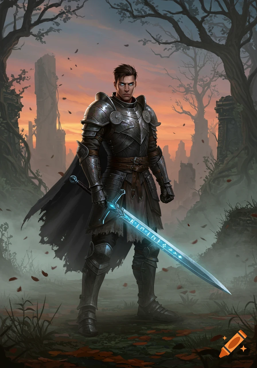 A male knight in dark armor stands holding a glowing runic sword amidst ancient ruins and trees at sunset, in a fantasy art style.