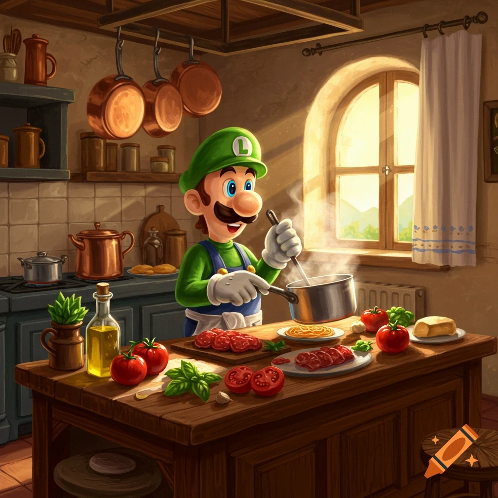 Cartoon Luigi cooks in a rustic kitchen, stirring a pot while surrounded by fresh tomatoes and pasta.
