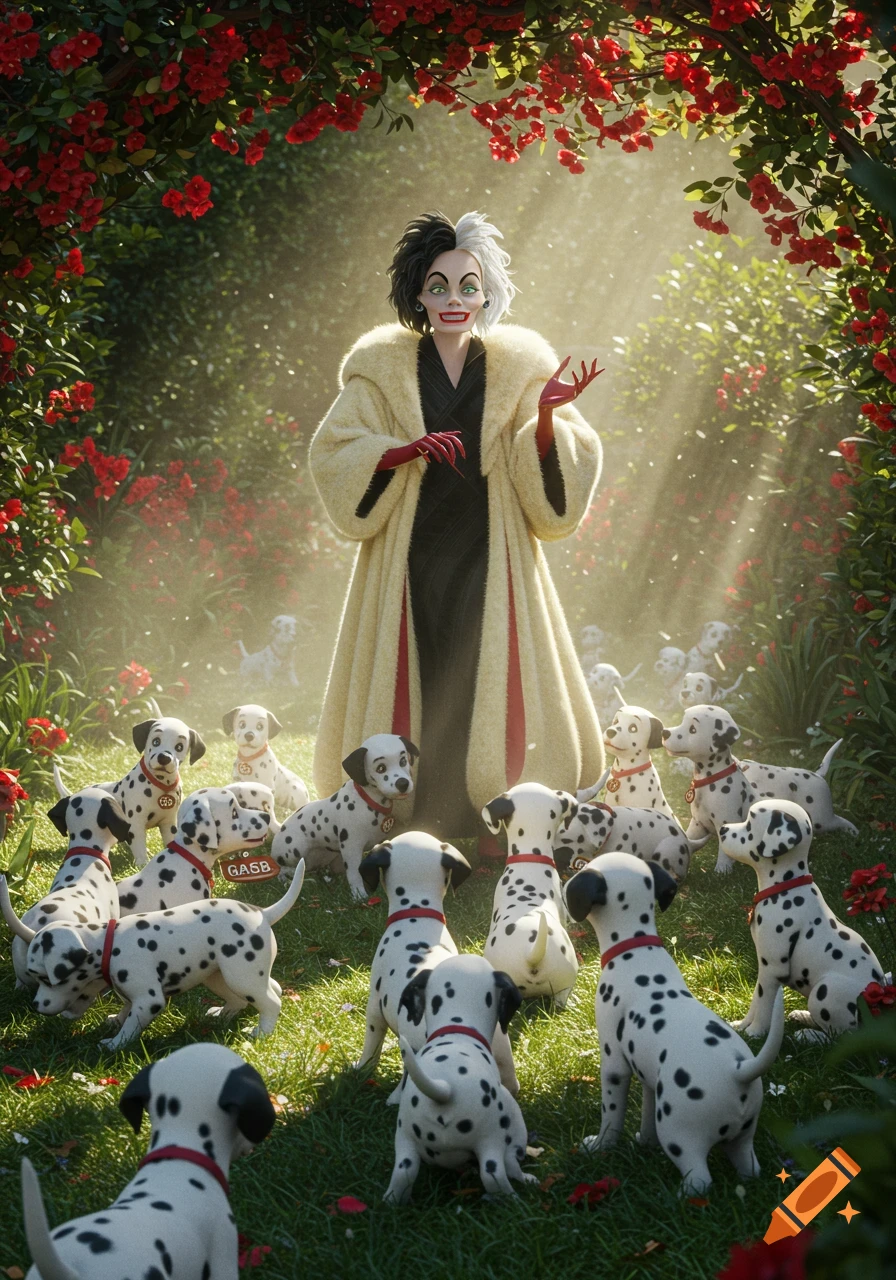 Cruella de Vil in a lush garden, smiling wickedly, surrounded by numerous dalmatian puppies.