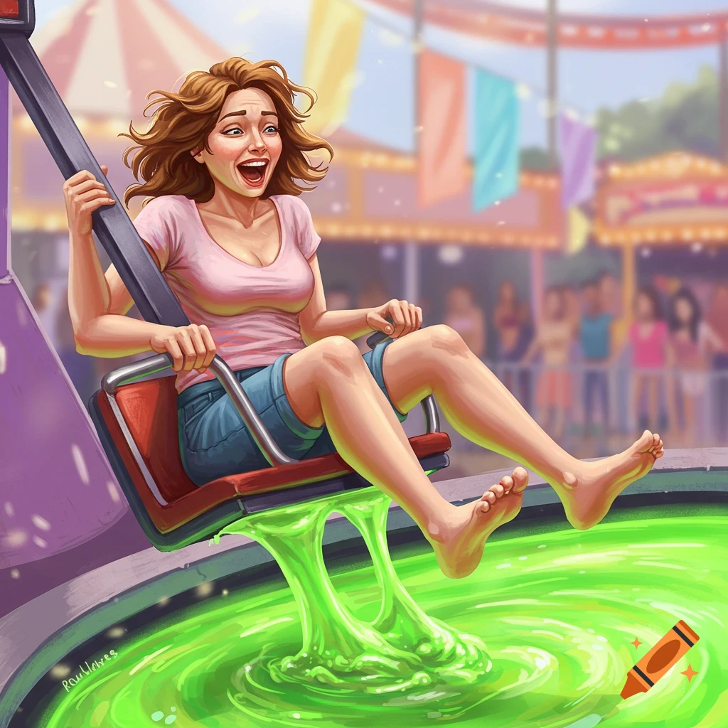 A cartoon woman with an excited expression is on a carnival ride, dangling her bare feet into a pool of glowing green slime.