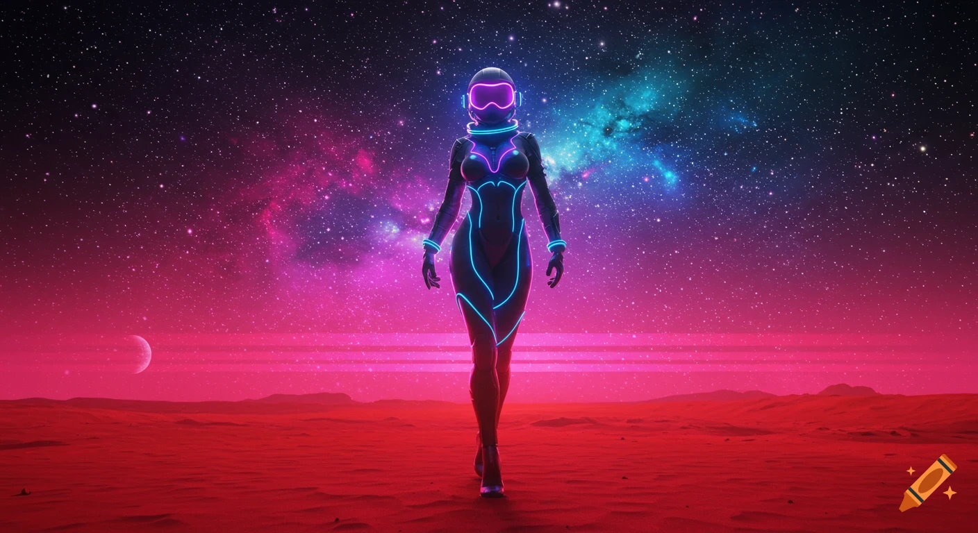 A female astronaut in a neon-accented suit walks on a red planet under a vibrant starry sky in synthwave digital art.