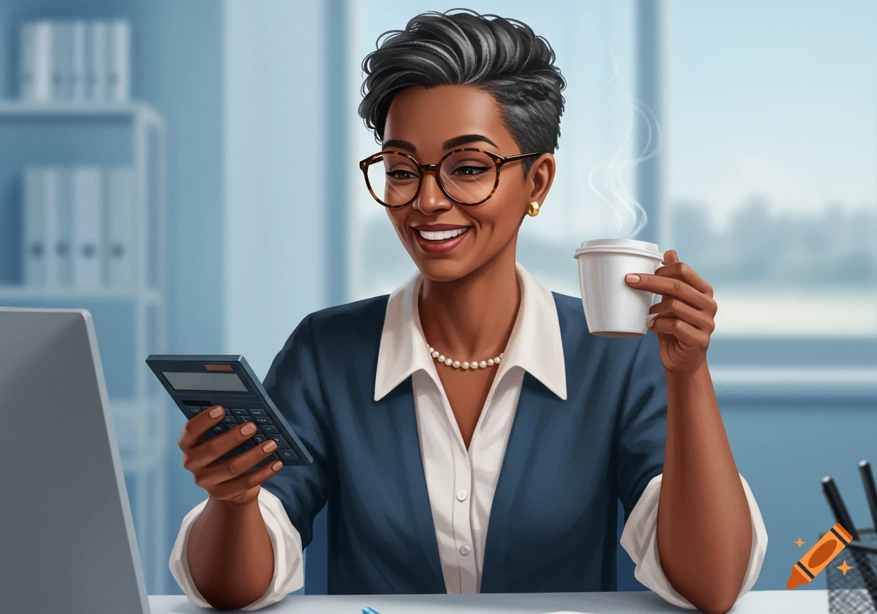 A smiling woman with short gray and black hair and glasses, holding a calculator and a steaming coffee cup, sits at an office desk.