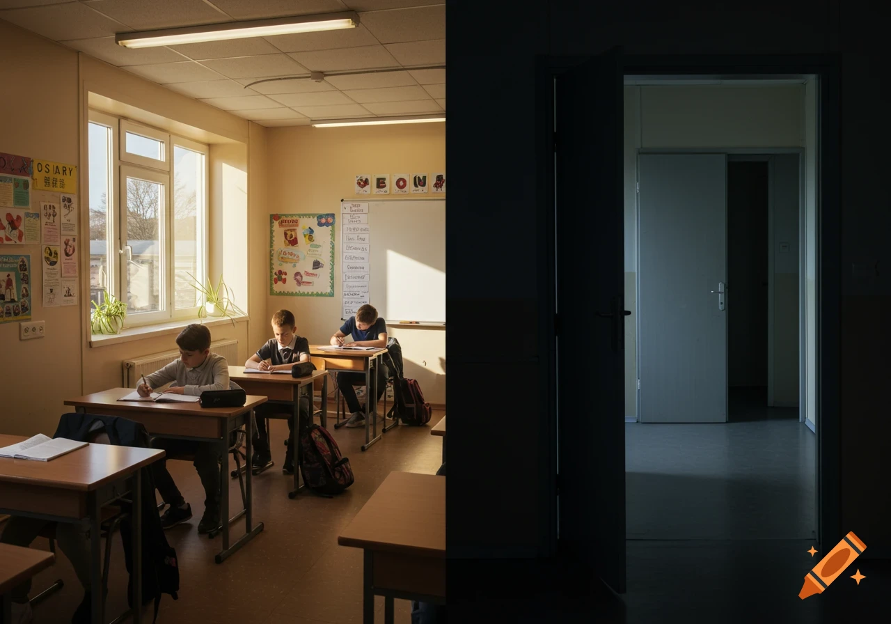 Three boys study at desks in a sunlit classroom, adjacent to a dark hallway with an open door.