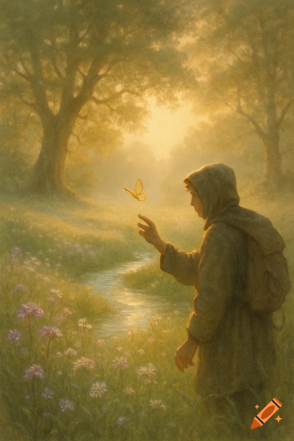 A hooded figure in a misty, golden-lit forest reaches for a butterfly above a stream and wildflowers in a dreamy painting.