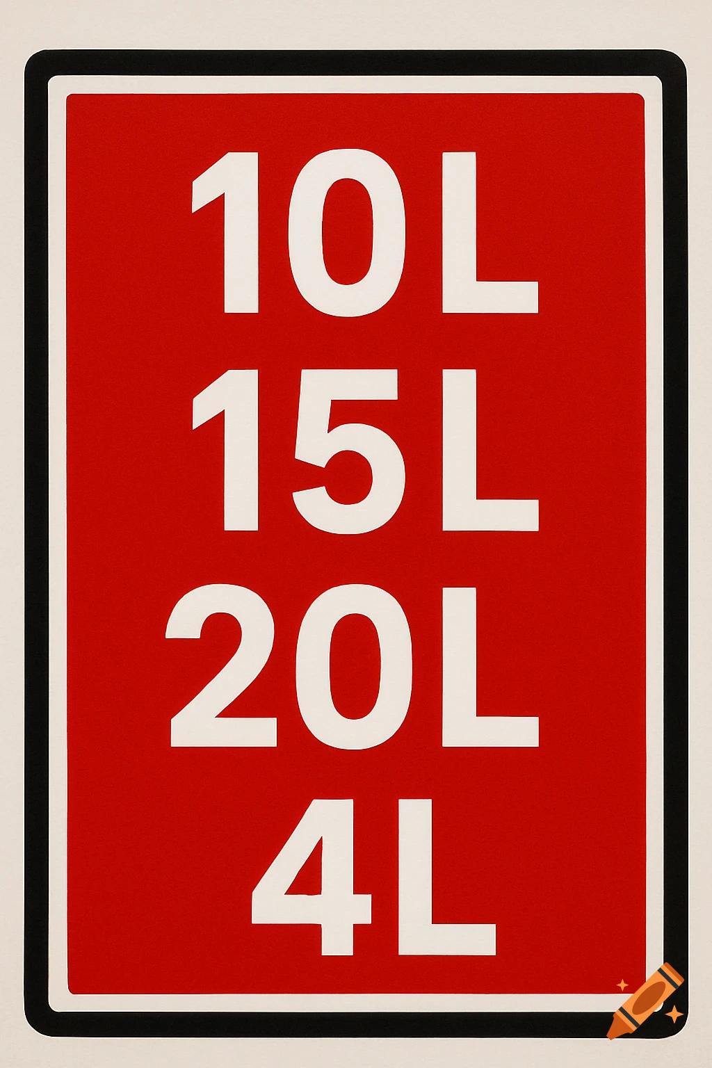 A red sign with white text bordered in black and white, displaying '10L', '15L', '20L', '4L' vertically.