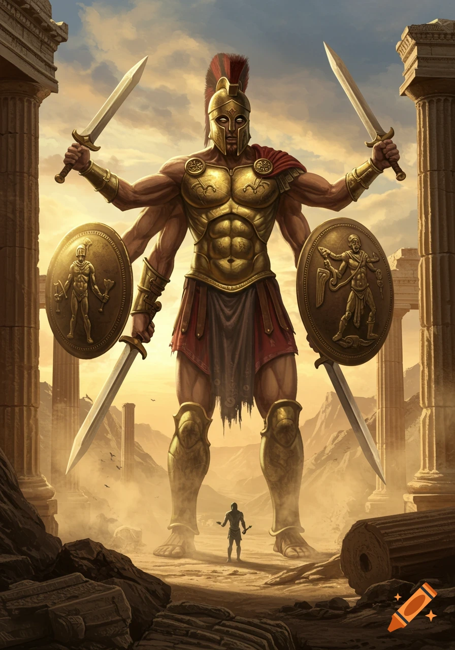 A colossal, multi-armed warrior in golden Greek armor, armed with swords and shields, confronts a small figure among ancient ruins at sunset.