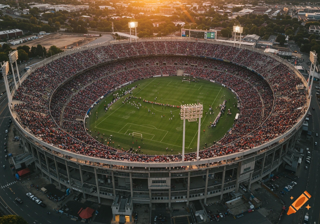 Aerial view of a packed football stadium during sunset.