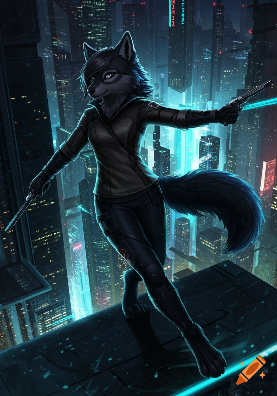 A black wolf furry in a tactical outfit holding two pistols, standing on a rooftop in a neon-lit cyberpunk city.