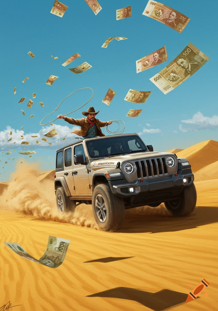 A cowboy with a lasso stands in a moving beige Jeep Wrangler in a desert as banknotes fly around him under a bright blue sky.