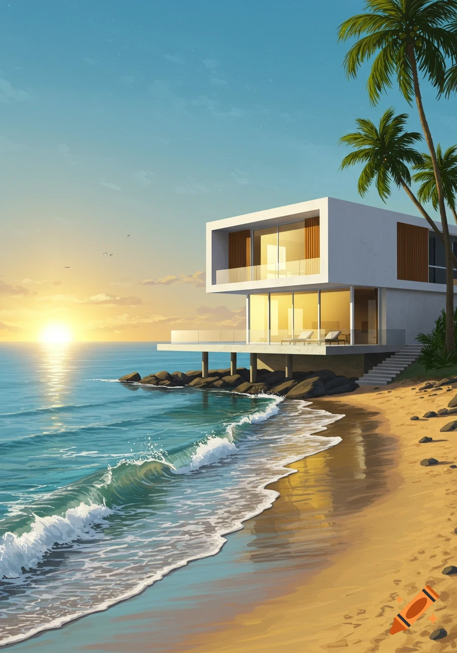 Modern white house with large windows on a rocky beach with palm trees at sunset, waves crashing on the sand.