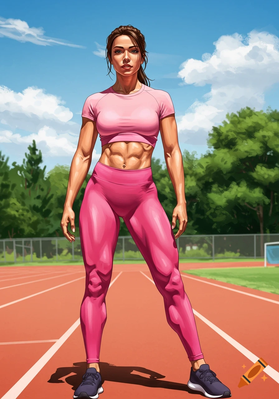 Illustration of a fit woman in a pink crop top and leggings on a running track under a blue sky.