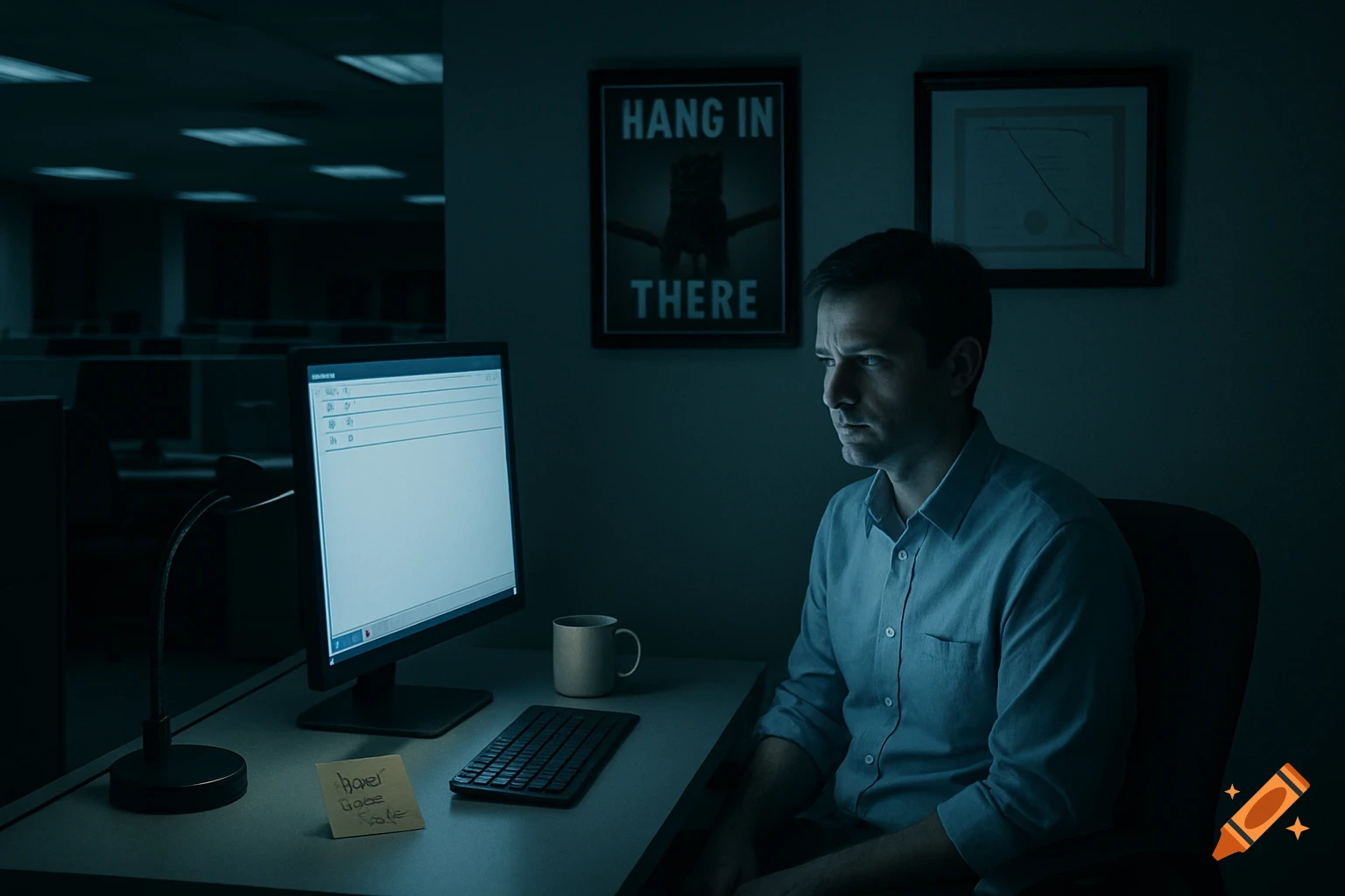 A man sits alone in a dimly lit office at night, staring blankly at a computer screen, conveying silent burnout.