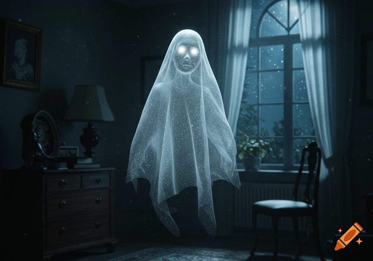 A glowing white ghost with bright eyes floats in the center of a dimly lit, antique room with a large window showing a starry night.
