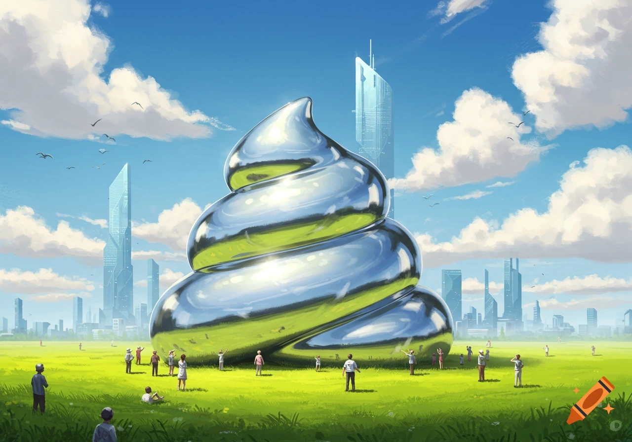 An enormous shiny chrome coiled sculpture stands in a green field, with small people gazing at it and a futuristic city skyline in the distance.