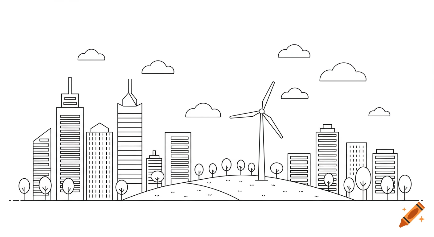Black outline line art illustration of an urban cityscape with skyscrapers, trees, a hill, and a wind turbine under clouds.