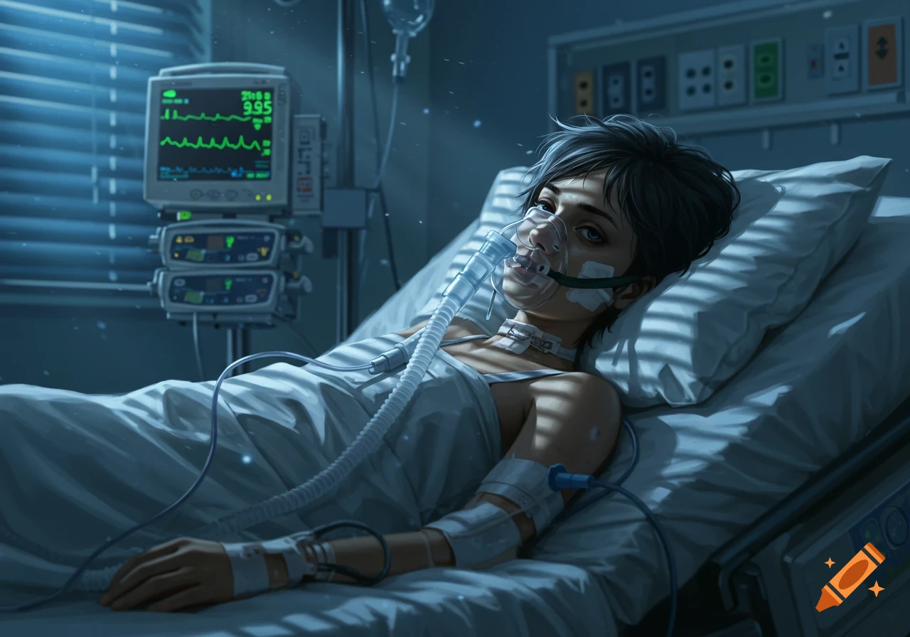 An illustration of a young person with short hair lying in a hospital bed with an oxygen mask and medical tubes, under dim, cool lighting.