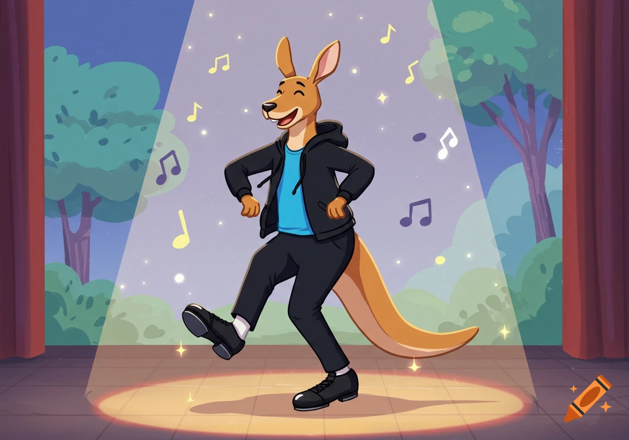A happy anthropomorphic cartoon kangaroo in a black hoodie and tap shoes tap dances on a stage under a spotlight.