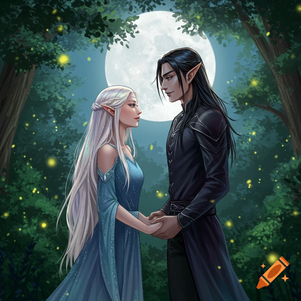 A romantic elf couple with long hair holding hands in a magical forest under a full moon, with fireflies.