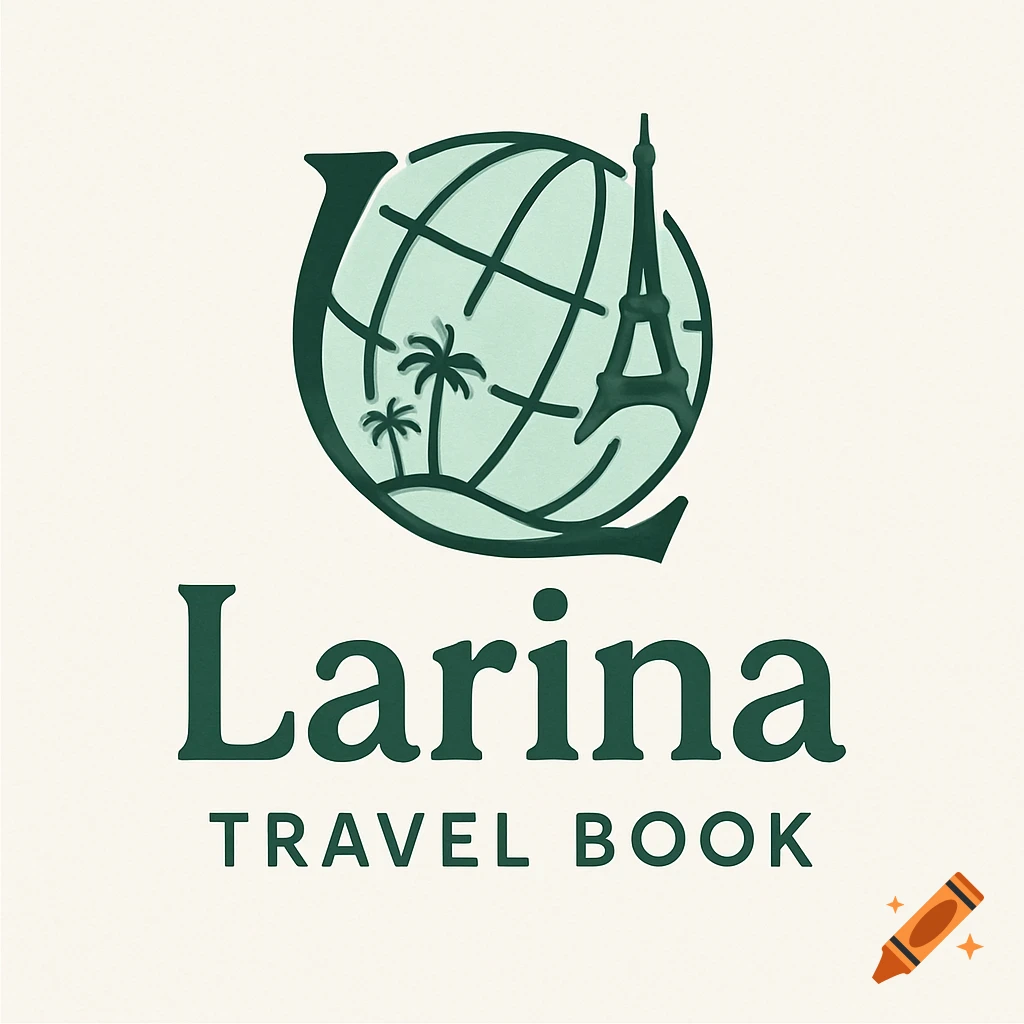 A stylized green logo for "Larina TRAVEL BOOK" featuring a globe, Eiffel Tower, and palm trees on a light background.