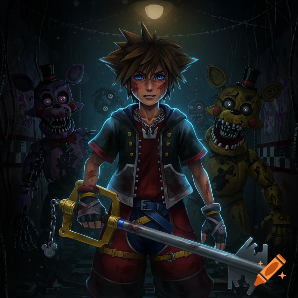 Bruised Sora from Kingdom Hearts holds a Keyblade in a dark room, flanked by two creepy Five Nights at Freddy's animatronics in dark fantasy art.