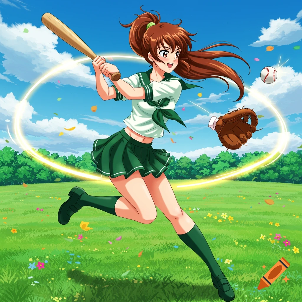 An anime girl with brown hair in a green school uniform swings a baseball bat while running in a vibrant green field under a blue sky.