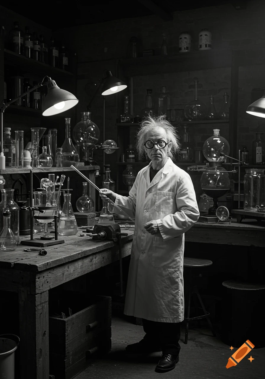 Black and white photo of a strange, wild-haired scientist in a lab coat, holding a glass rod in a vintage laboratory.