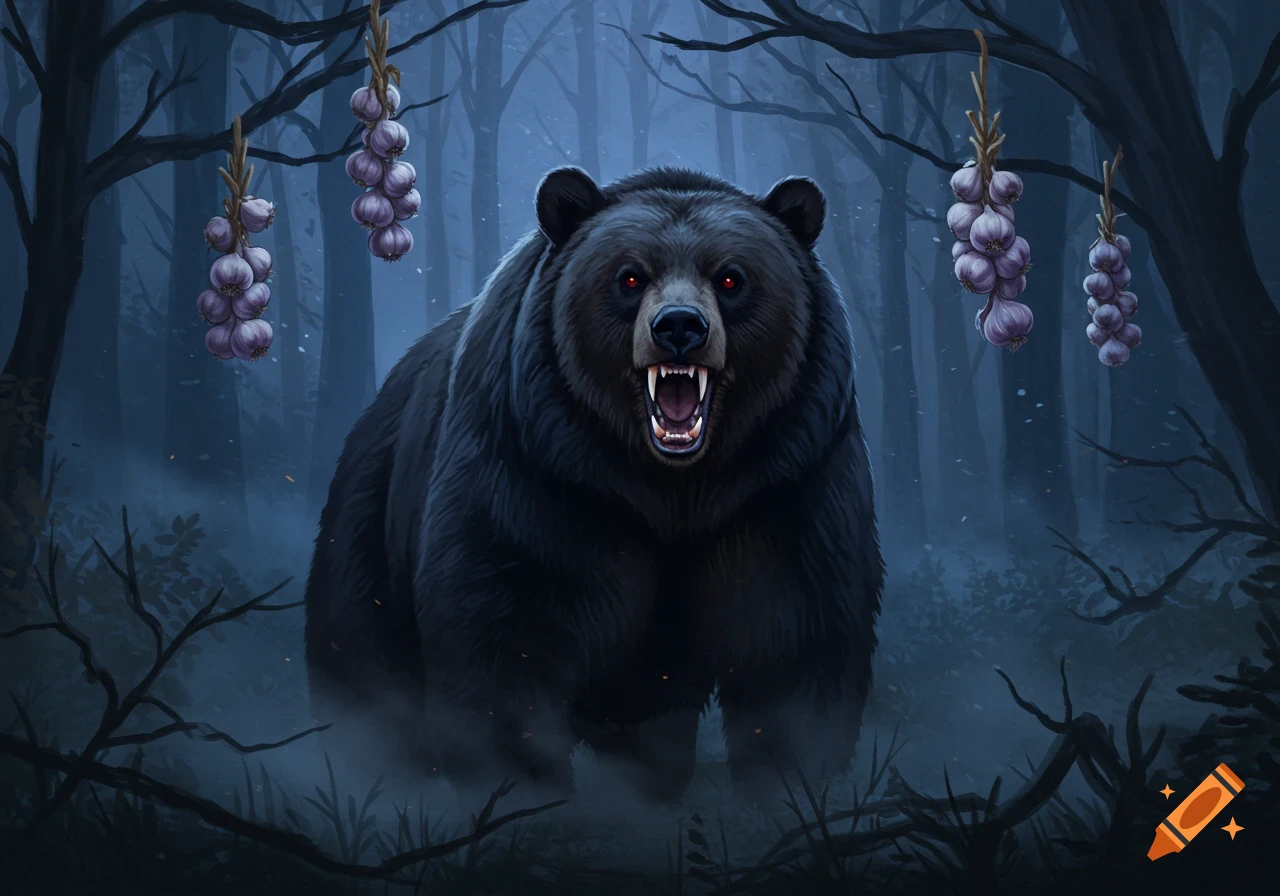 An angry black bear with glowing red eyes and bared fangs stands in a misty, dark forest with garlic braids hanging from trees.