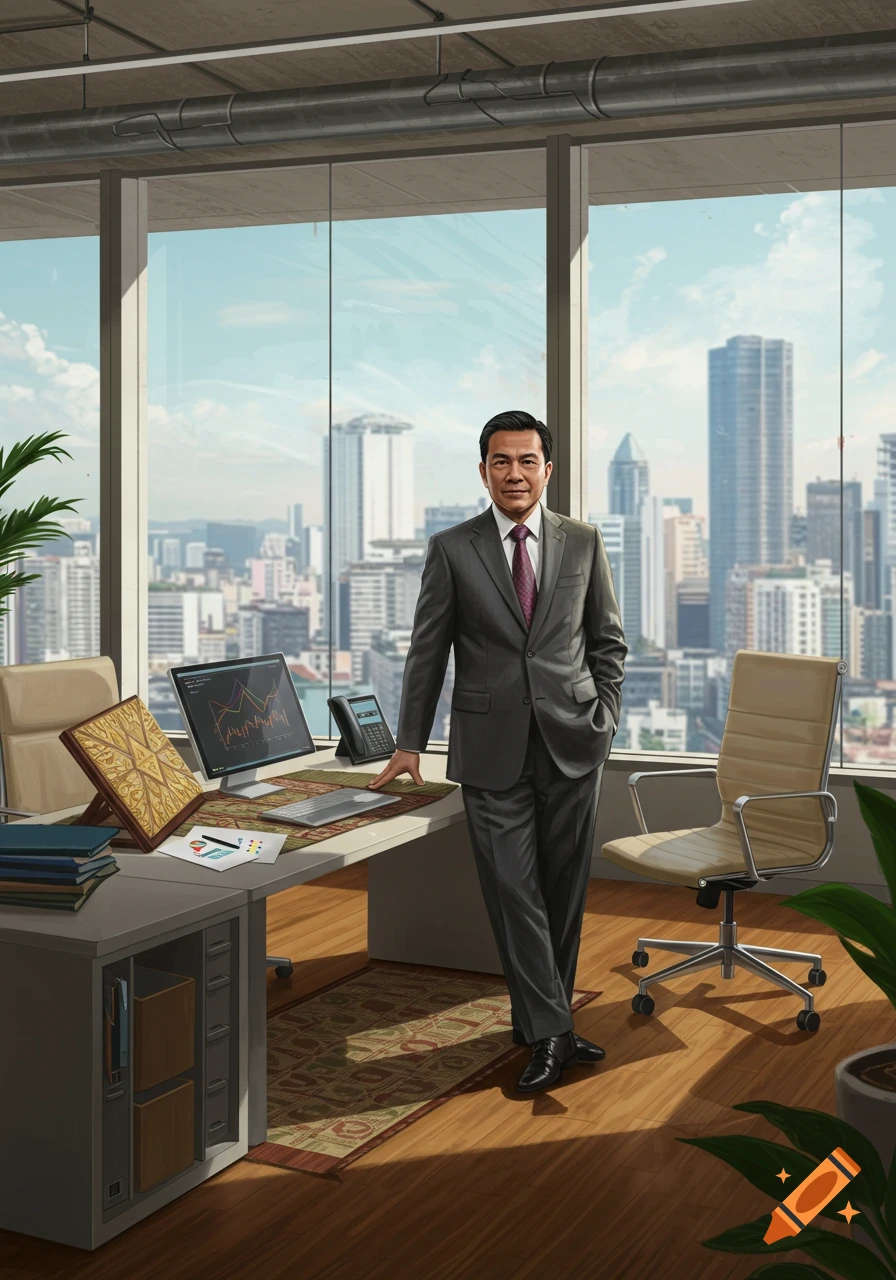 An Asian businessman in a suit stands in a modern office with a city view, leaning on a desk with a computer and papers.
