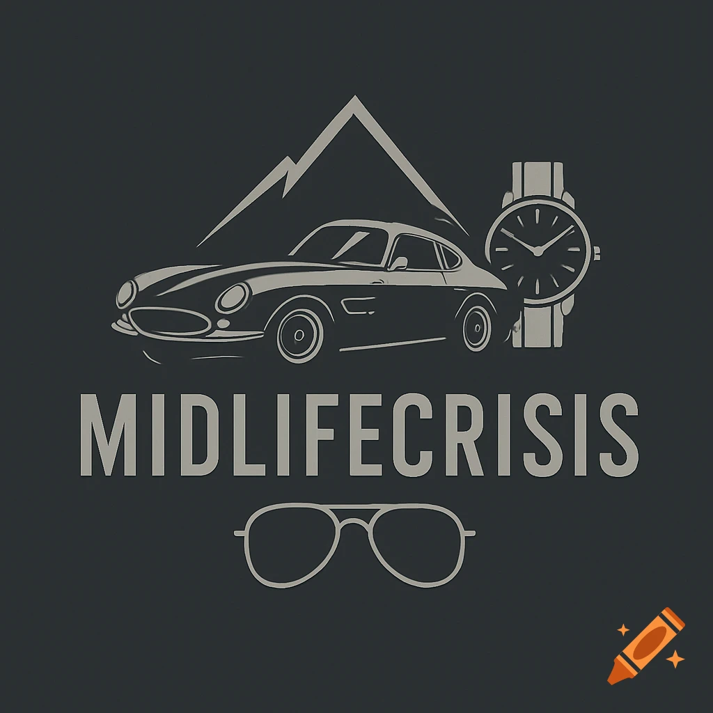 Minimalist logo for Midlifecrisis featuring a classic car, mountains, a watch, and sunglasses on a dark background.