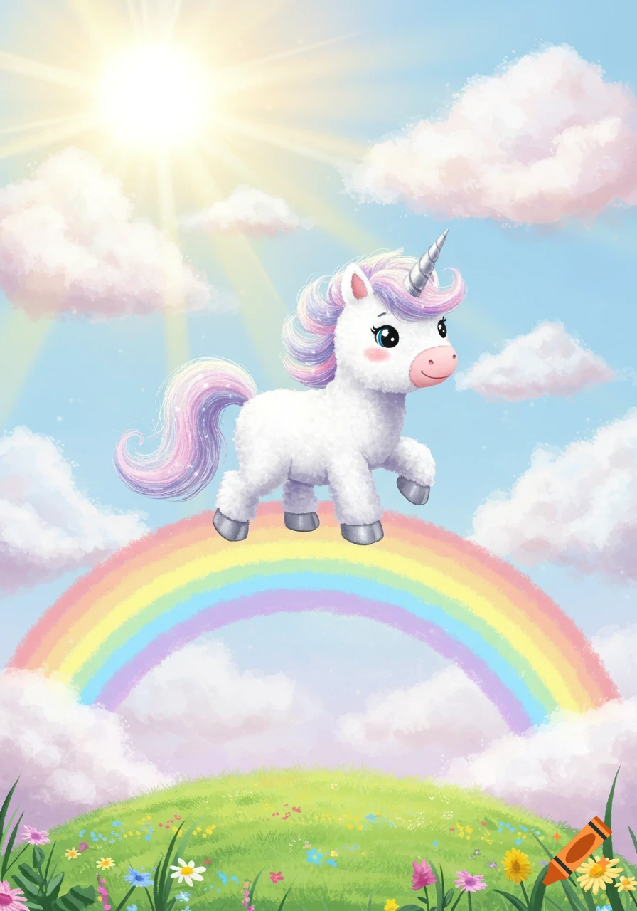 Cute fluffy unicorn with a rainbow mane and tail stands on a colorful rainbow in a sunny sky above a flowery green hill. Illustration style.