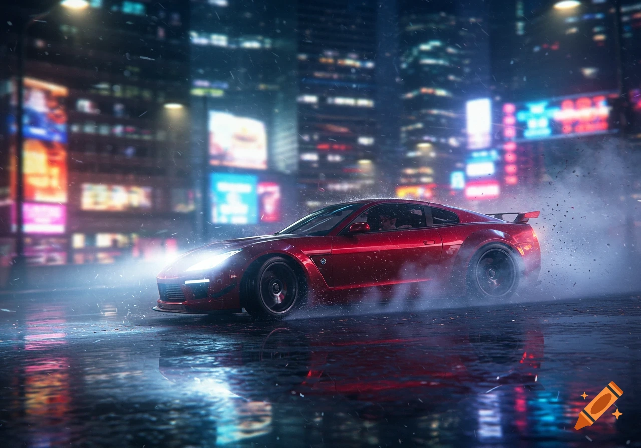 A red sports car drifts on a wet city street at night, illuminated by bright headlights and neon city lights.