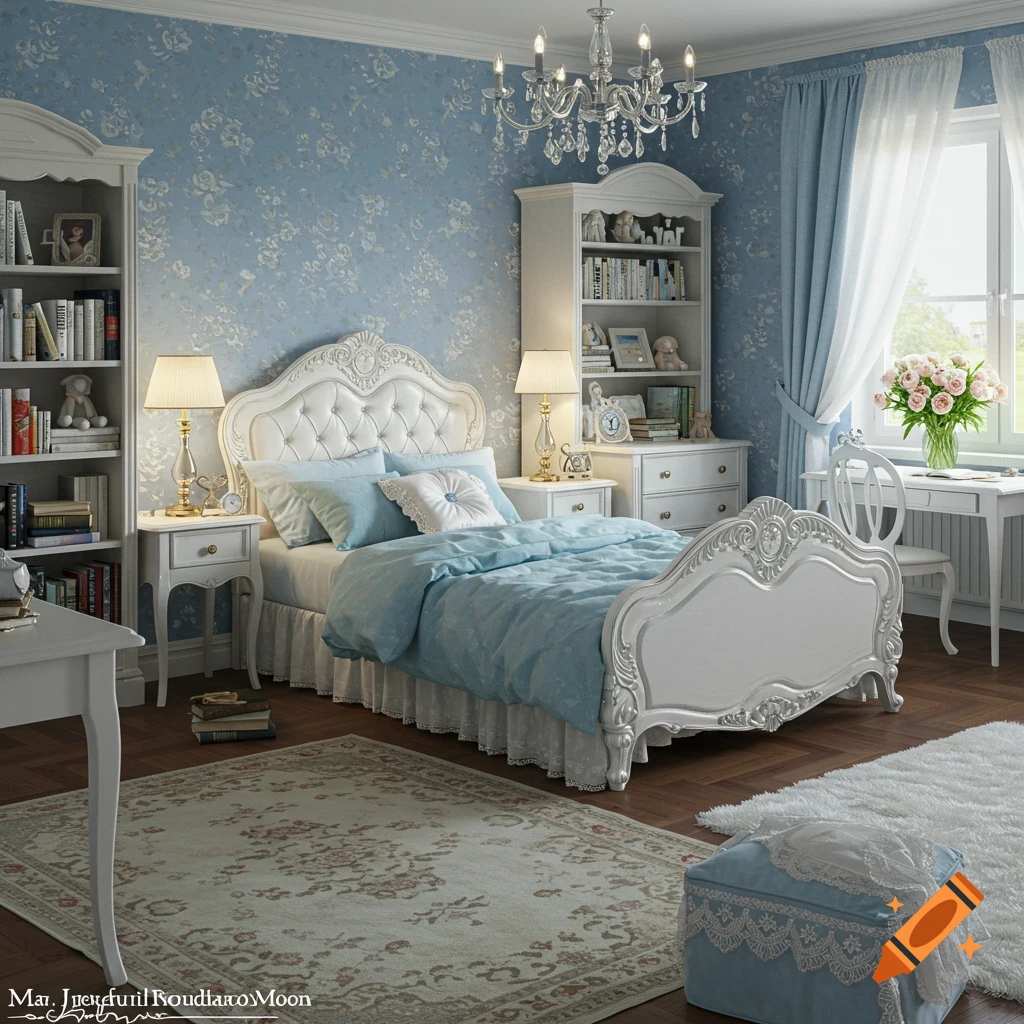 Photorealistic modern Victorian bedroom for a teenage girl with white furniture, light blue accents, a chandelier, and bookshelves.