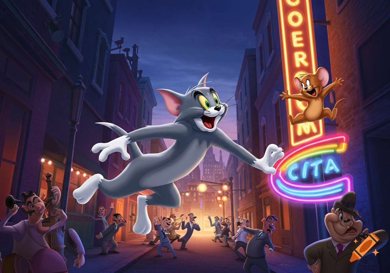 Tom the cat and Jerry the mouse leap through a bustling cartoon city street at dusk, surrounded by fleeing characters.