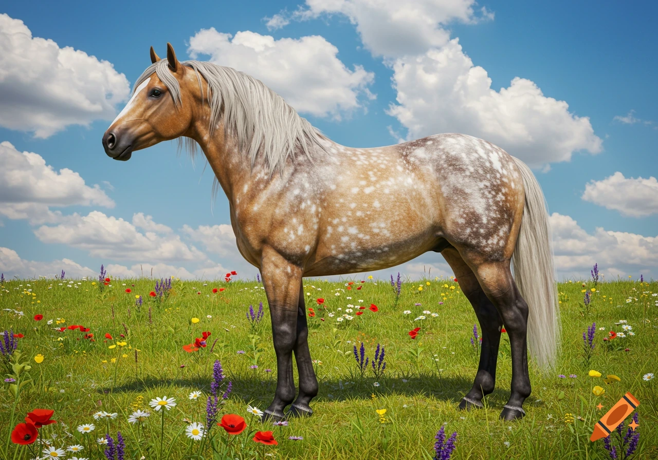 A photorealistic dunalino-roan horse stands in a vibrant wildflower field under a blue, cloudy sky.
