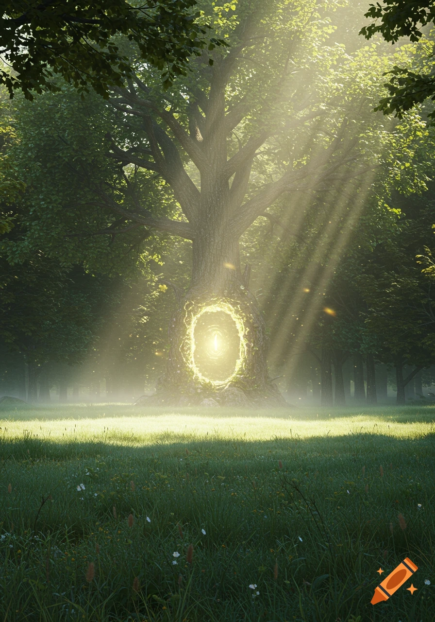 A glowing yellow portal is embedded in the trunk of a large tree in a sun-drenched forest clearing with lush green grass.