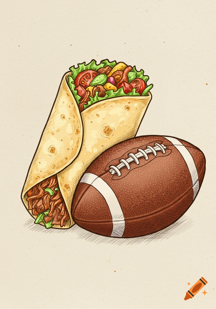 Hand-drawn illustration of a vibrant burrito filled with fresh ingredients next to an American football on a light background.