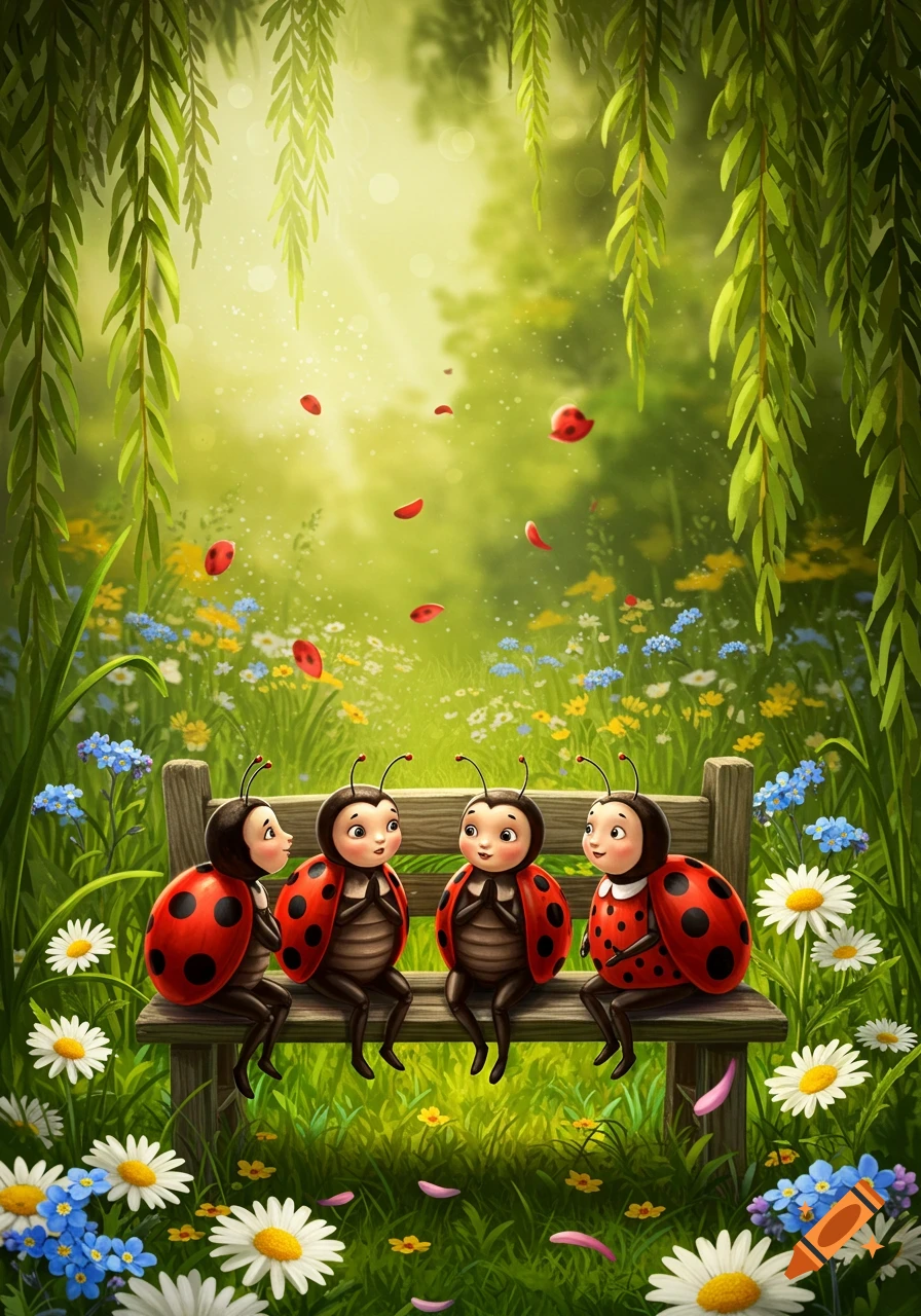 Four cute anthropomorphic ladybugs sit on a wooden bench in a whimsical, sun-dappled garden filled with flowers and hanging leaves, with red petals floating.
