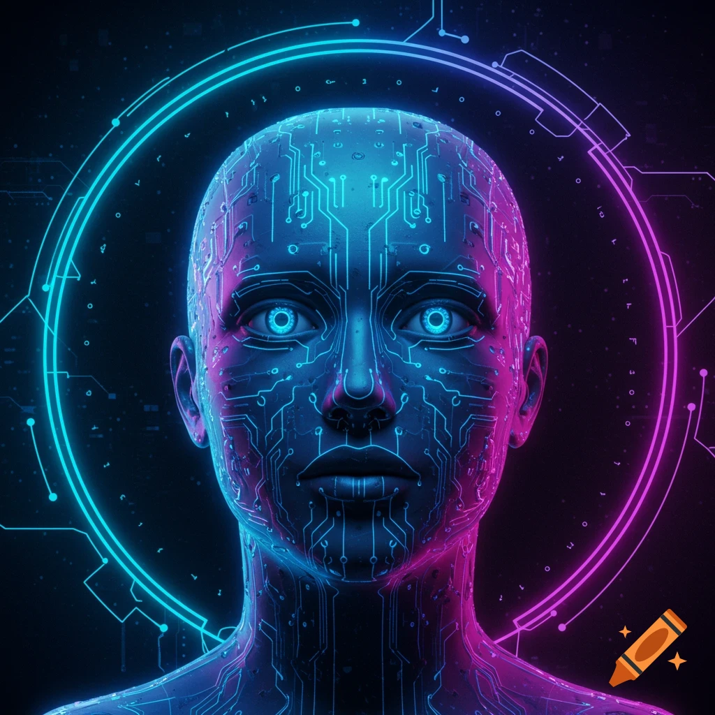 Close-up of a futuristic AI avatar's head and shoulders with glowing blue and purple circuit patterns, set against an abstract tech background.