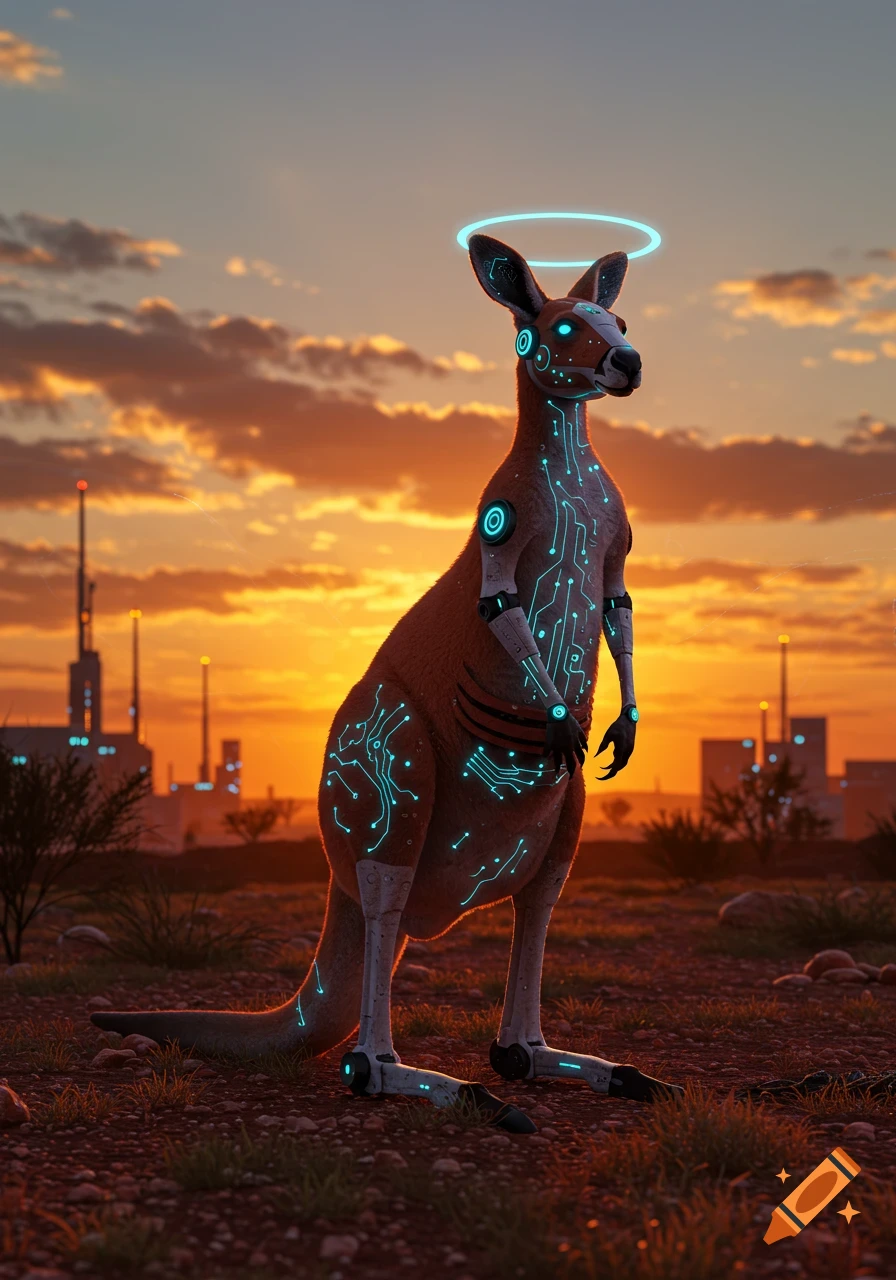 A detailed cybernetic kangaroo with glowing blue circuits and metallic limbs, wearing a halo, stands in a desert at sunset with a city in the distance.