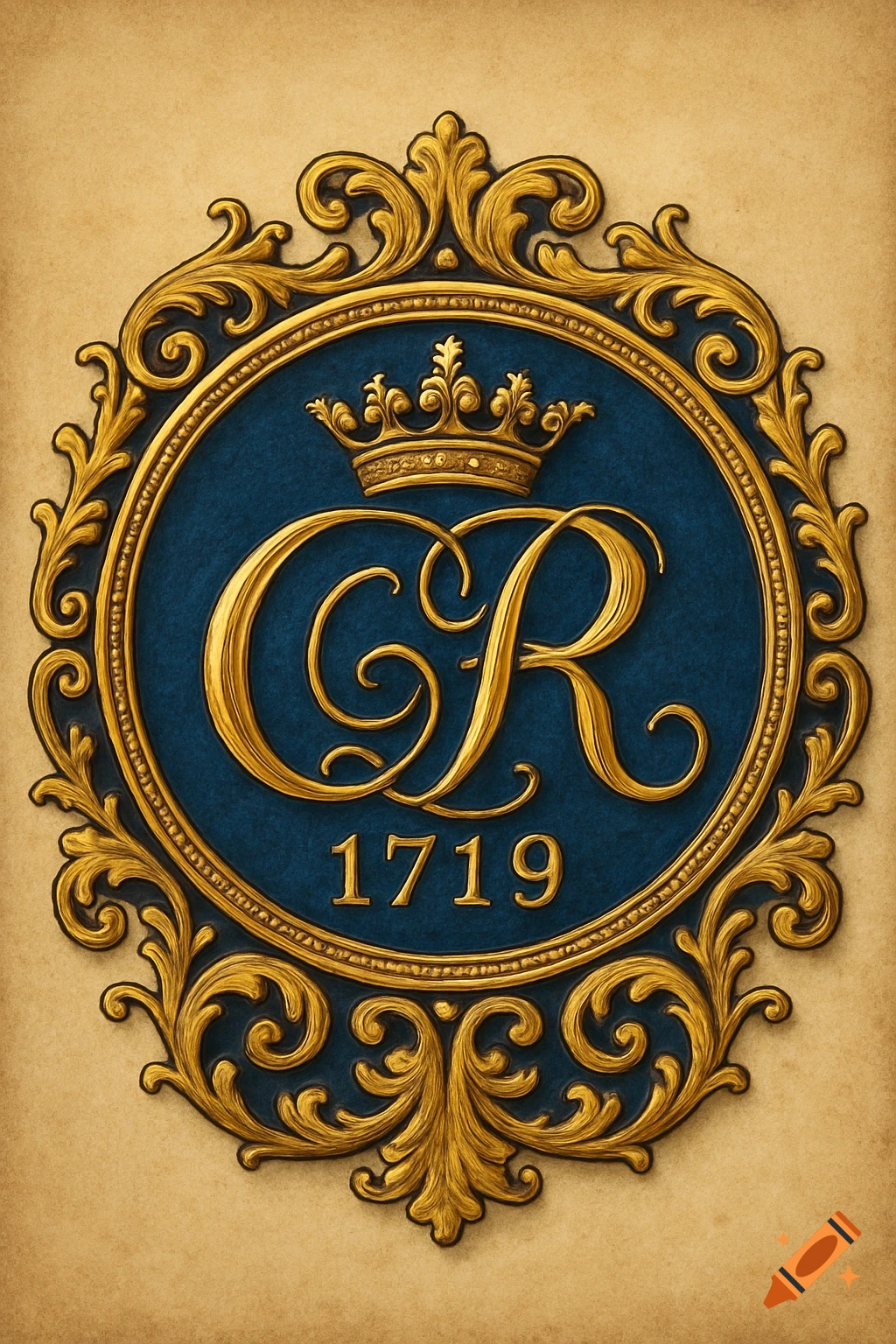 An ornate gold royal seal with a blue center featuring a gold crown, the letters 'CR', and the number '1719' on a textured background.