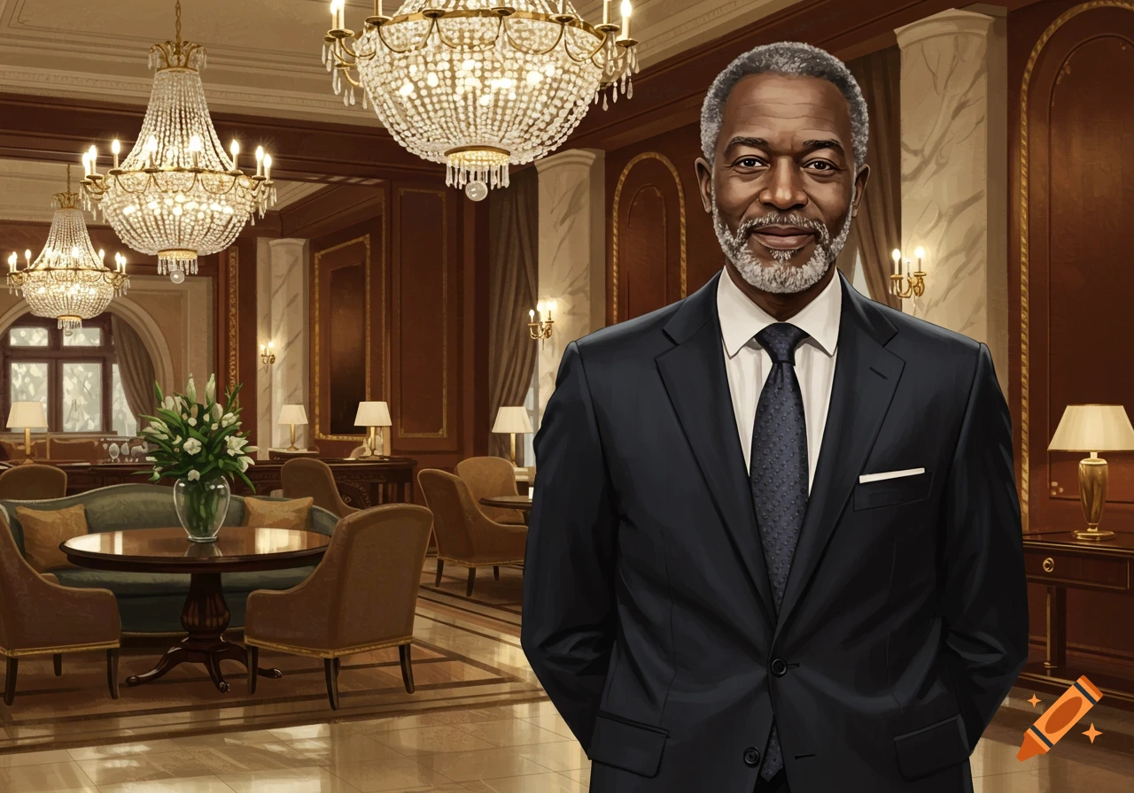 Smiling Black man in a dark suit with a gray beard stands in a luxurious hotel lobby with chandeliers.