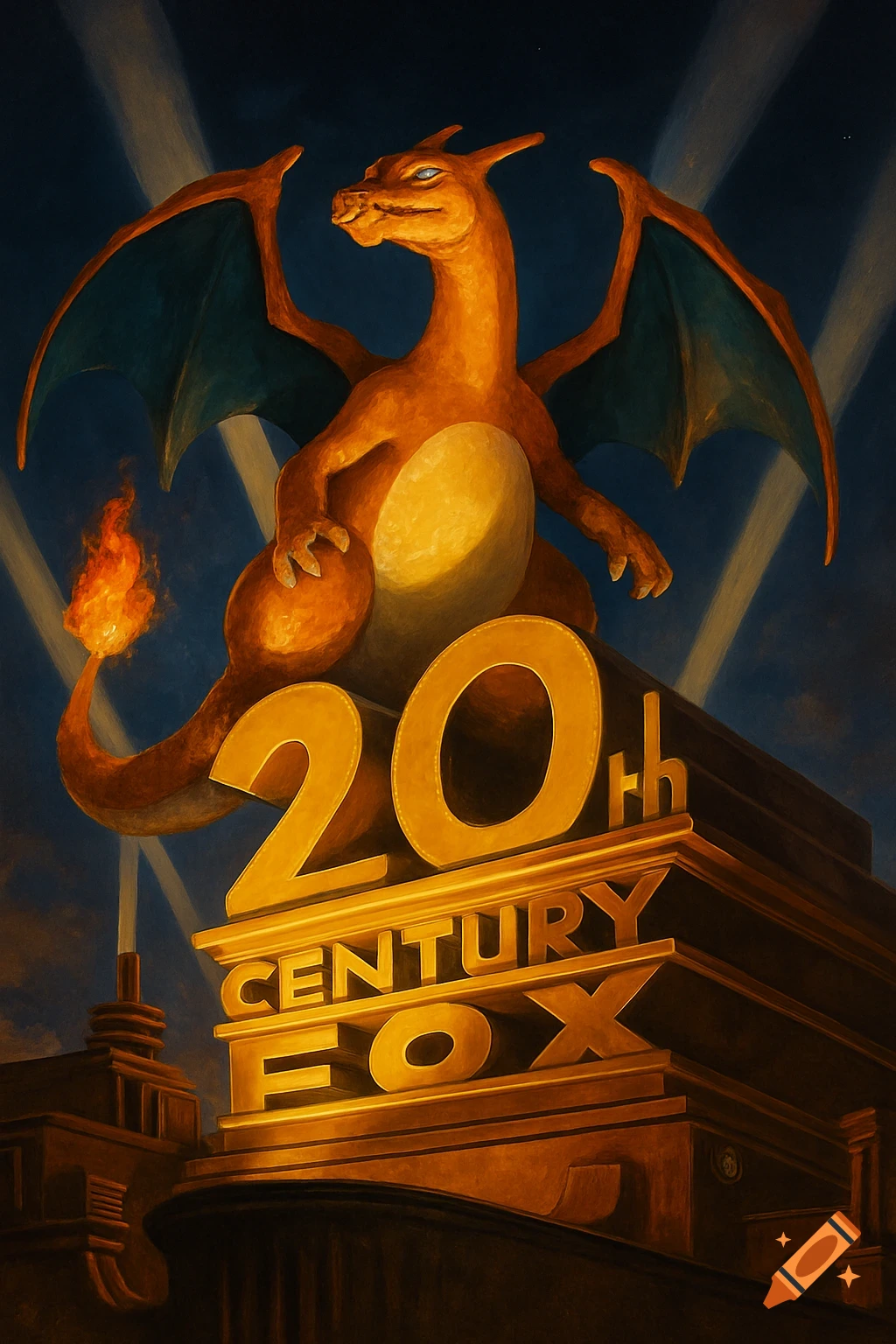 Charizard, an orange dragon Pok emon, sits atop a golden 20th Century Fox logo, illuminated by searchlights in a stylized digital painting.