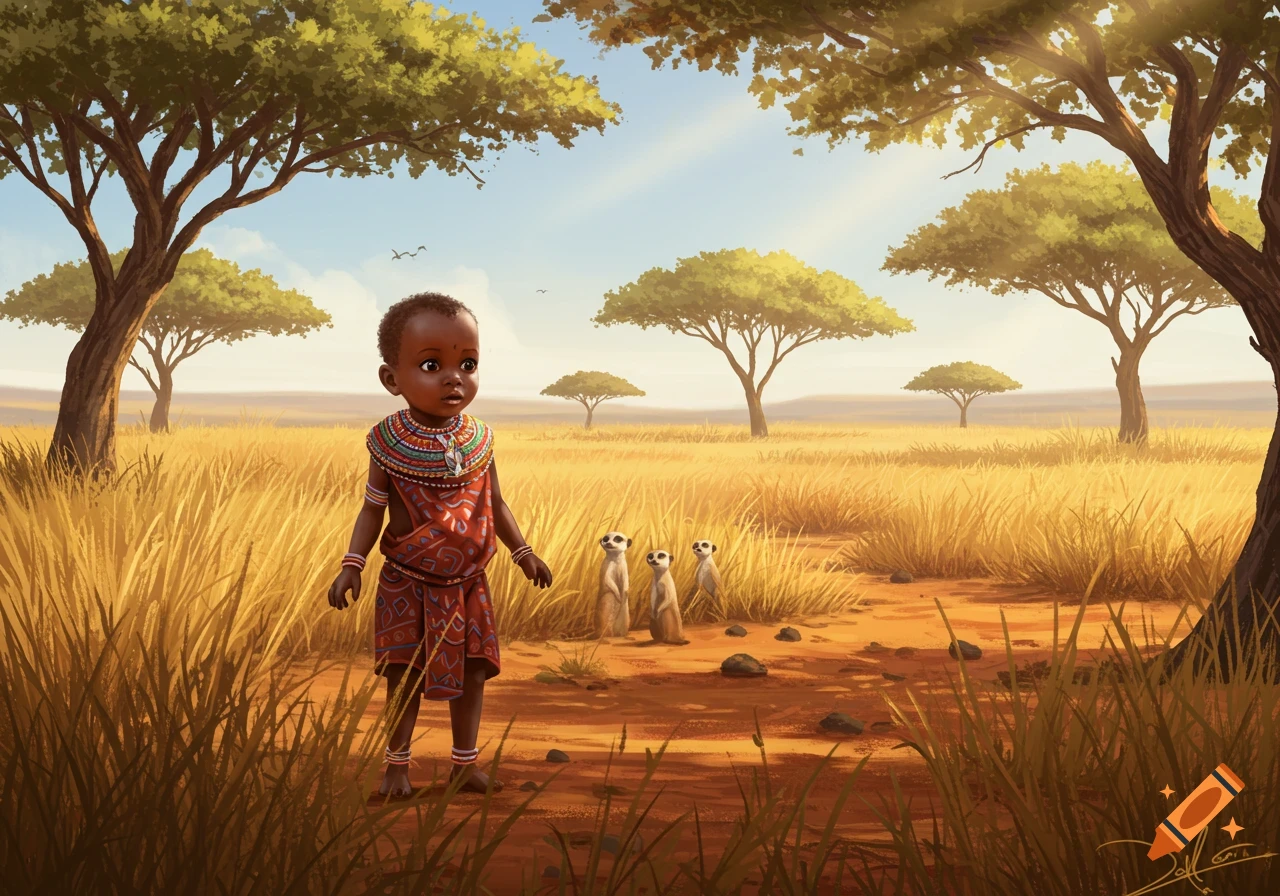 A stylized illustration of a young child in traditional clothing standing in a golden savanna with meerkats and acacia trees.