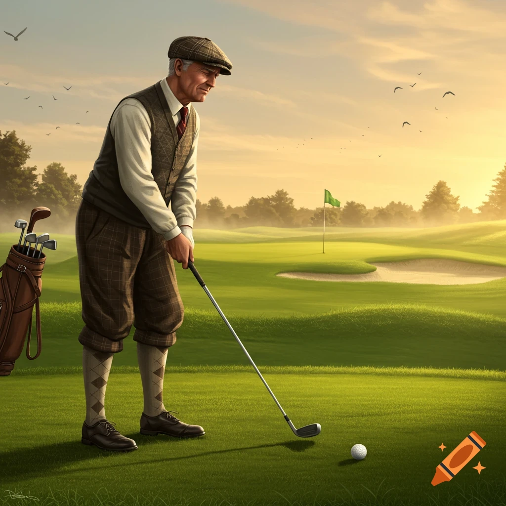 An older man in vintage golf attire prepares to hit a golf ball on a green course at sunset.