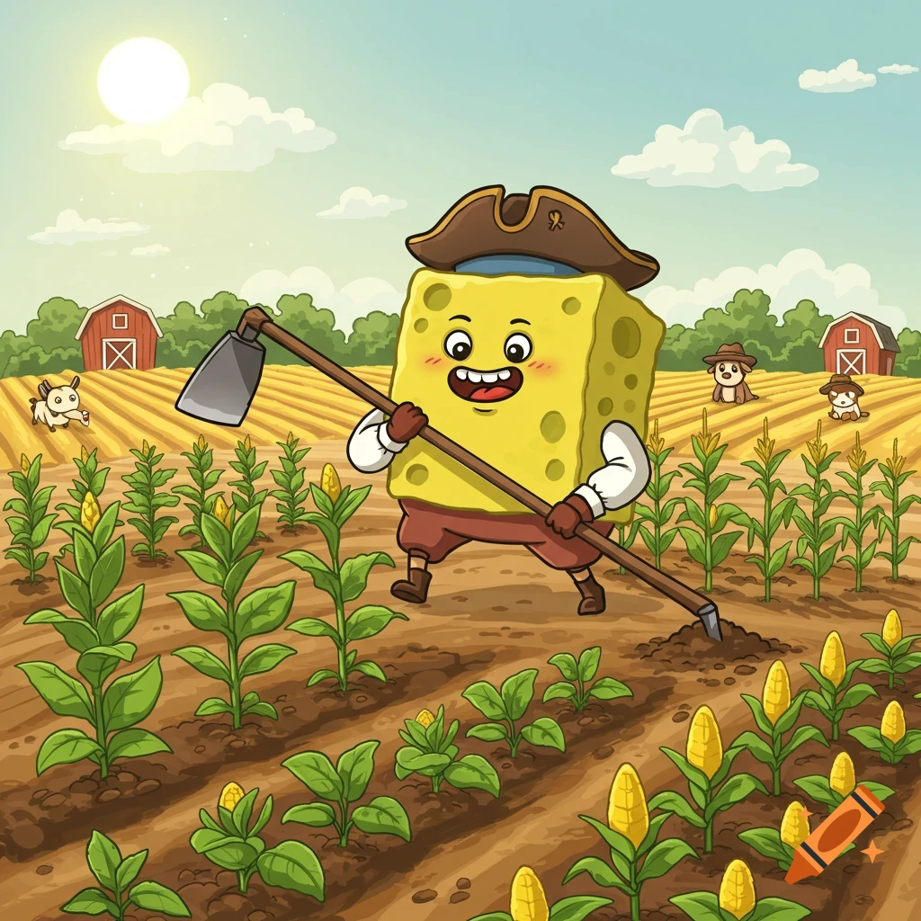 A cute cartoon sponge character in colonial clothes farms in a colorful field with corn and tobacco crops, holding a hoe, with barns and other characters in the background.
