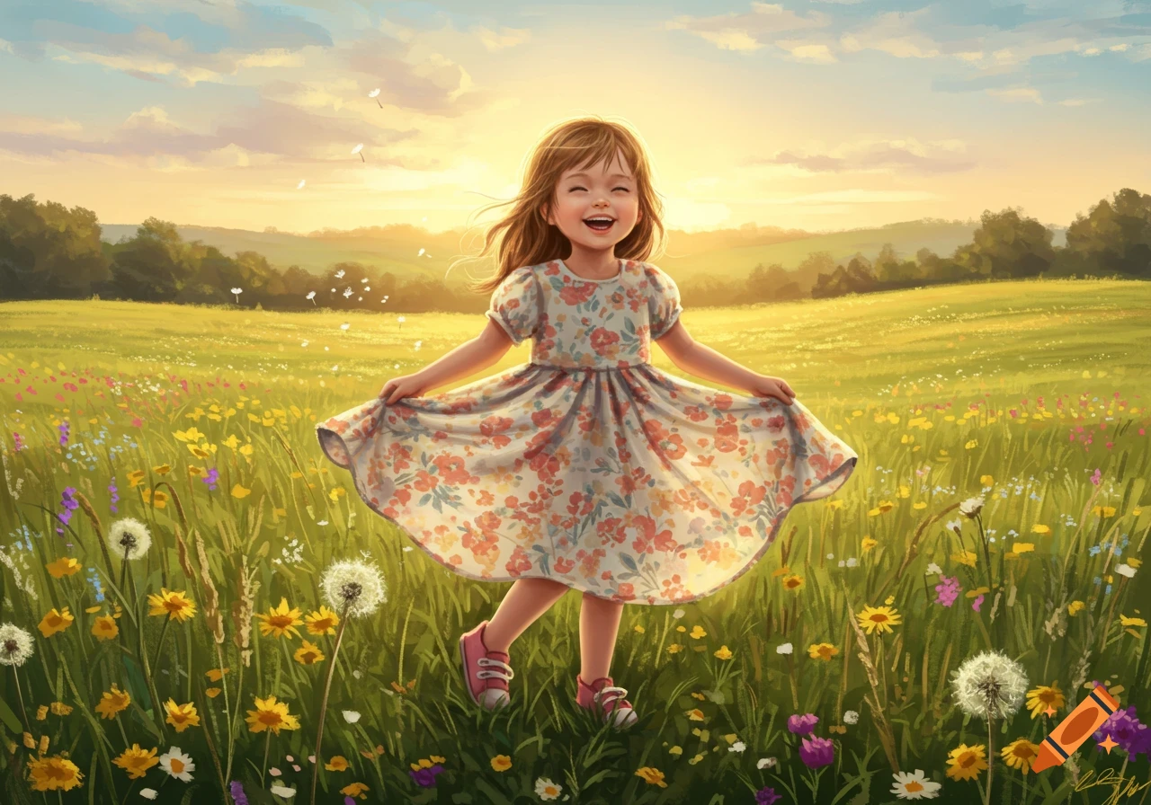 A happy little girl in a floral dress stands smiling in a vibrant field of wildflowers at sunset, painted in a whimsical style.