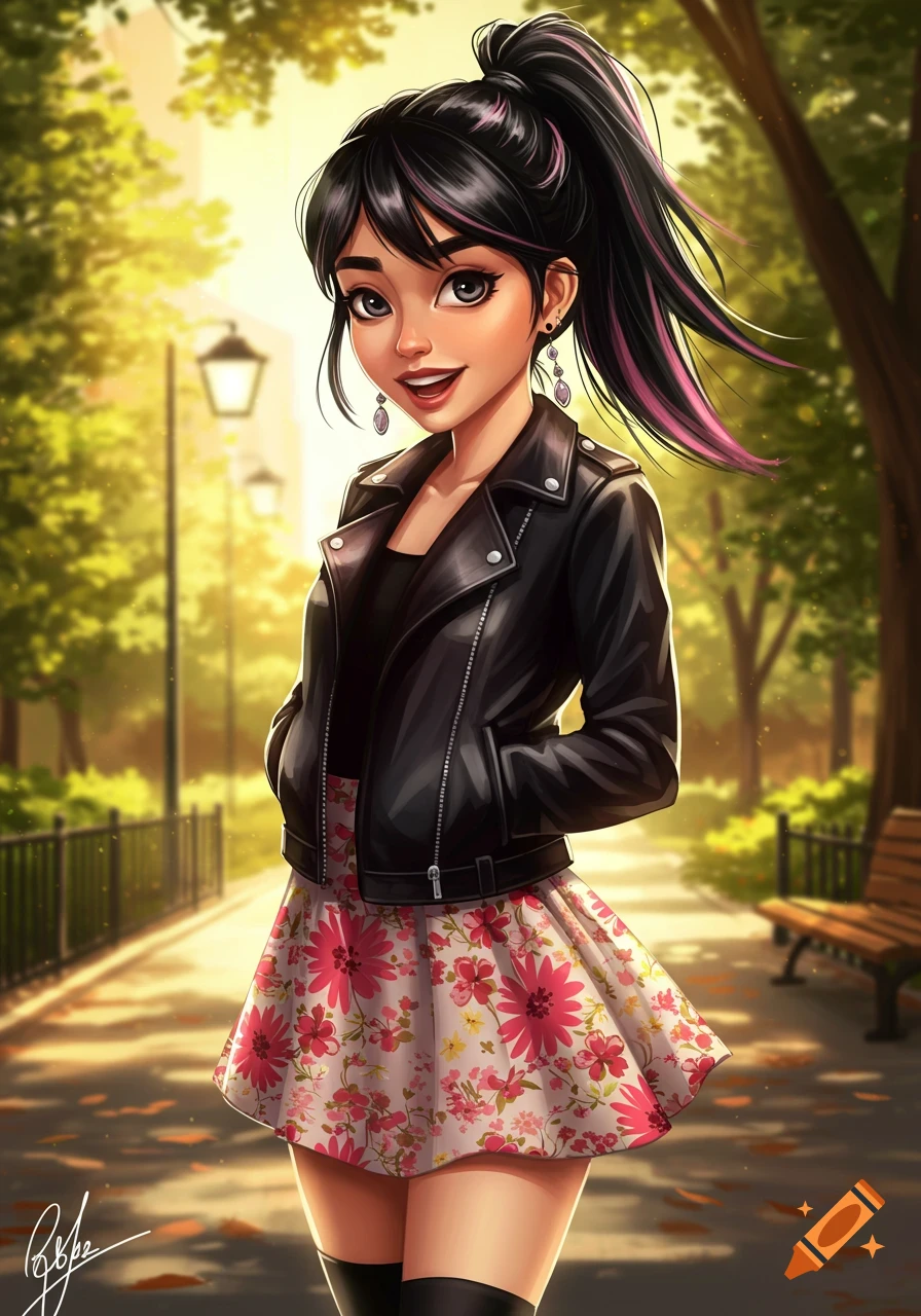 Stylized illustration of a smiling girl with black hair and pink highlights in a ponytail, wearing a black leather jacket and floral skirt, standing in a sunny park.