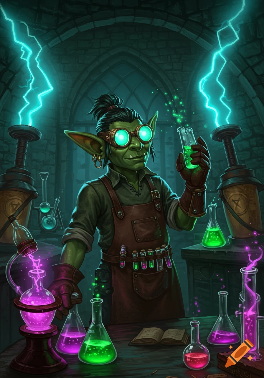 A green-skinned goblin alchemist with glowing goggles in a dimly lit steampunk-fantasy lab, surrounded by bubbling potions and electric arcs.